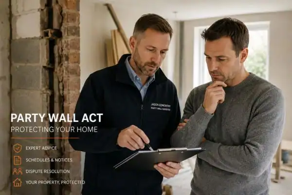 Party wall surveyor Bradford discussing extension plans with homeowner outside a UK semi-detached house.